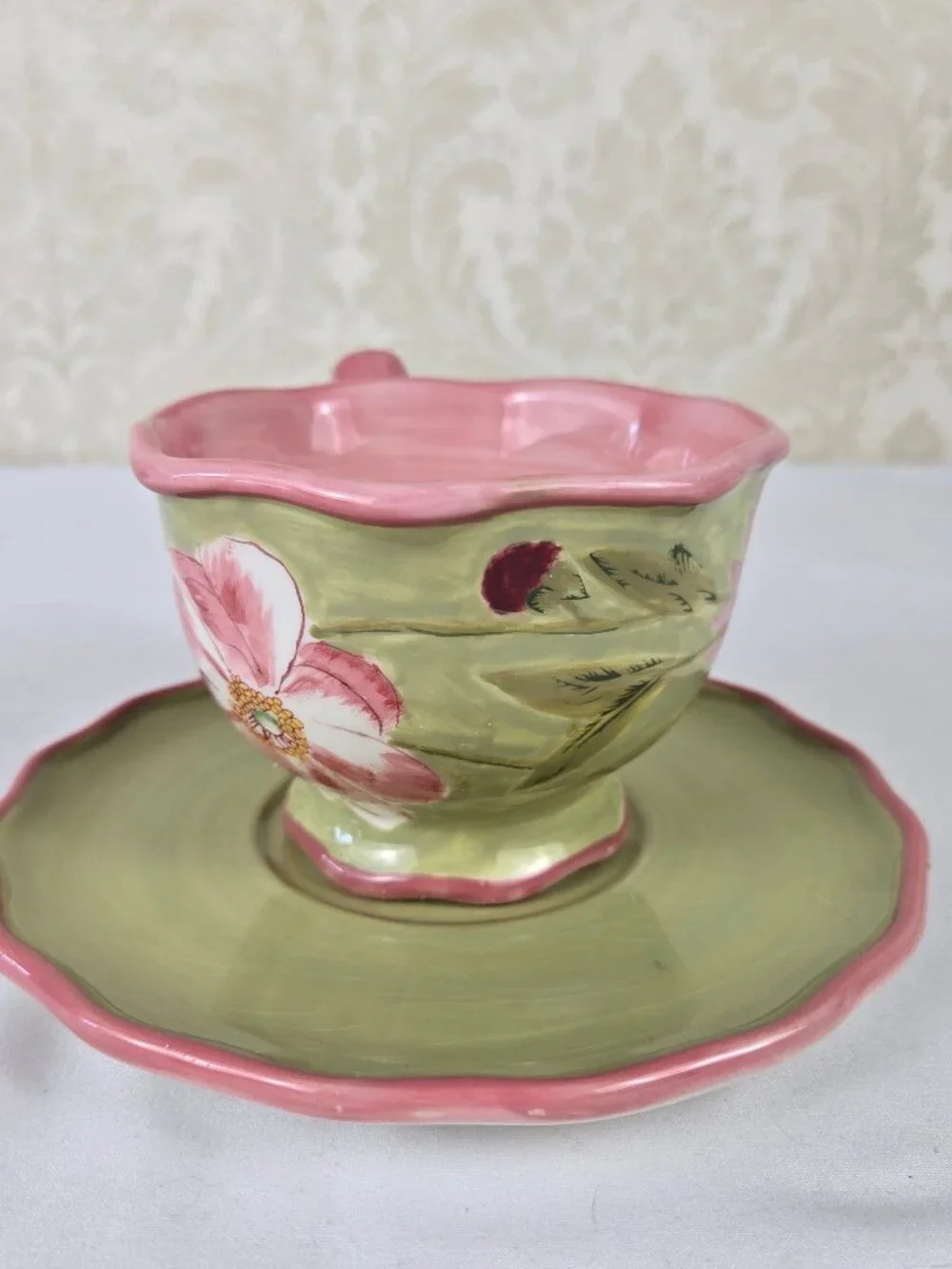 April Cornell Pink Flower Set 2 Snack Plates, Cup & Saucer, Creamer Contemporary